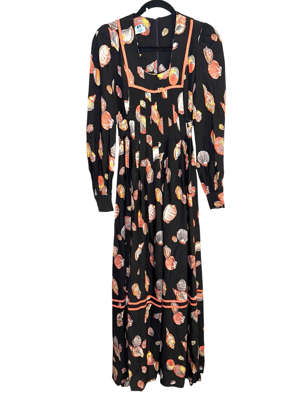 Mindy Malone 70’s ILGWU, Rare! Black Seashell novelty print prairie maxi dress!